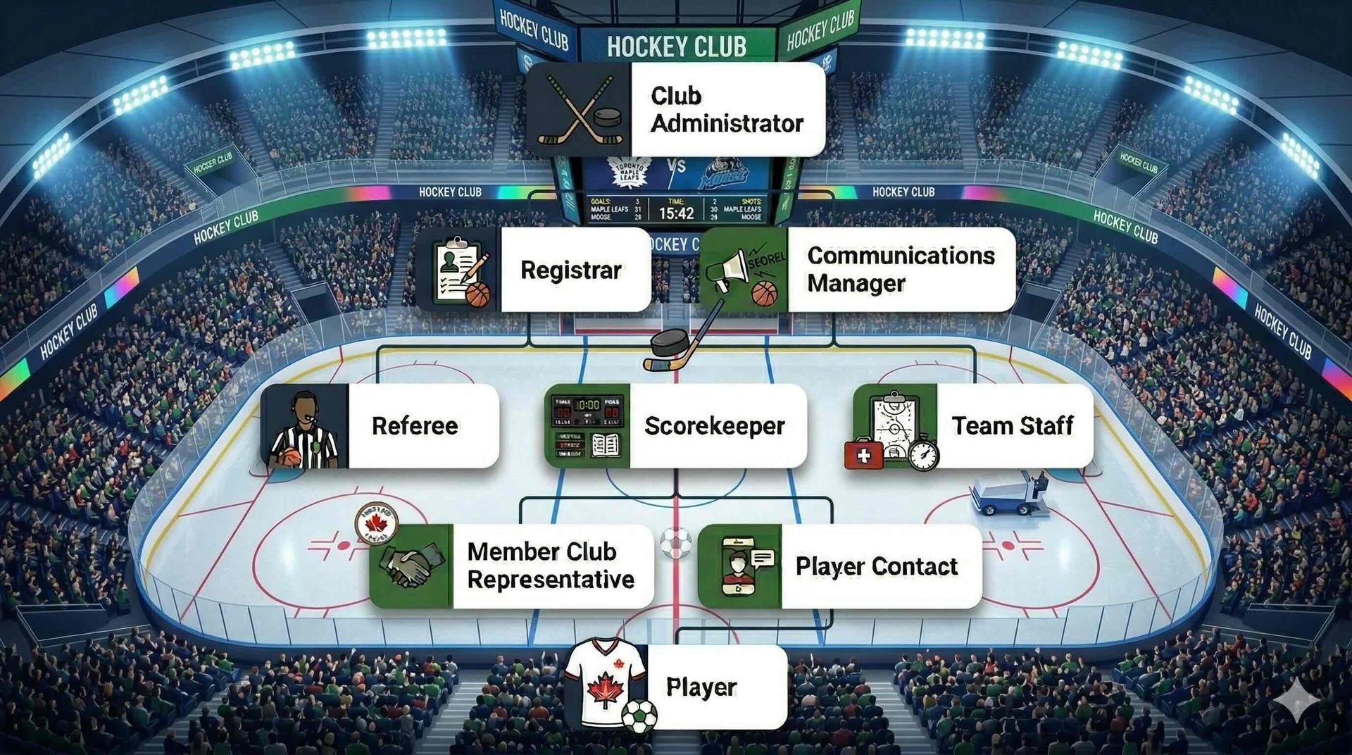 LeagueMeister volunteer role hierarchy — hockey
