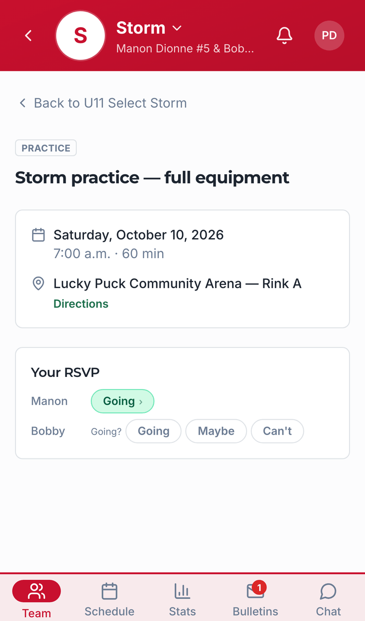Practices and events screenshot