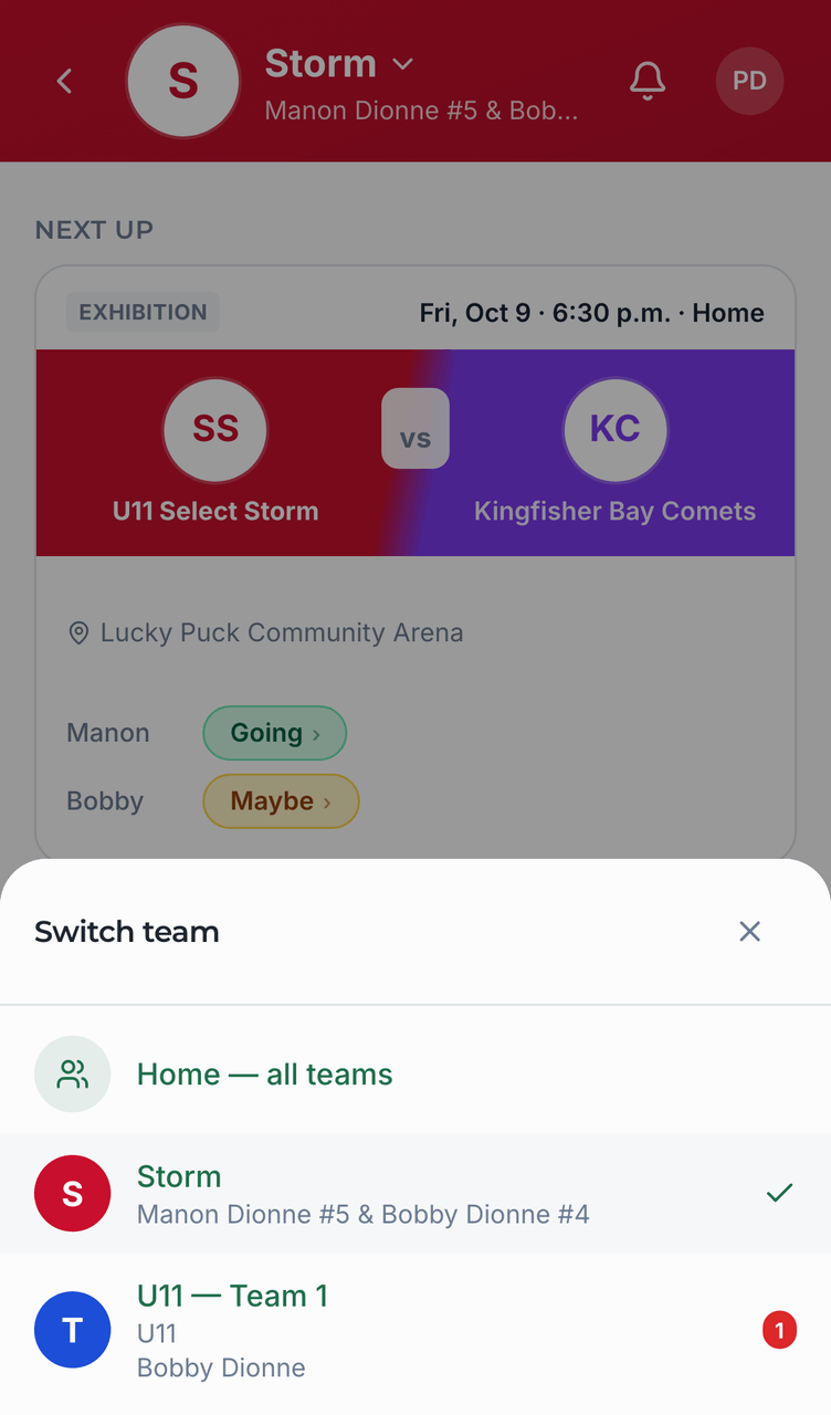 Switching teams screenshot