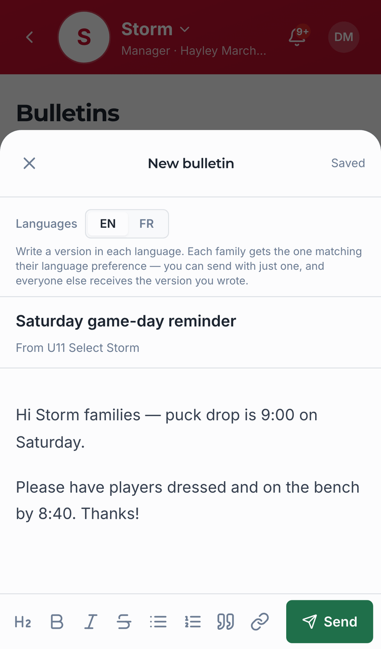 Sending bulletins screenshot