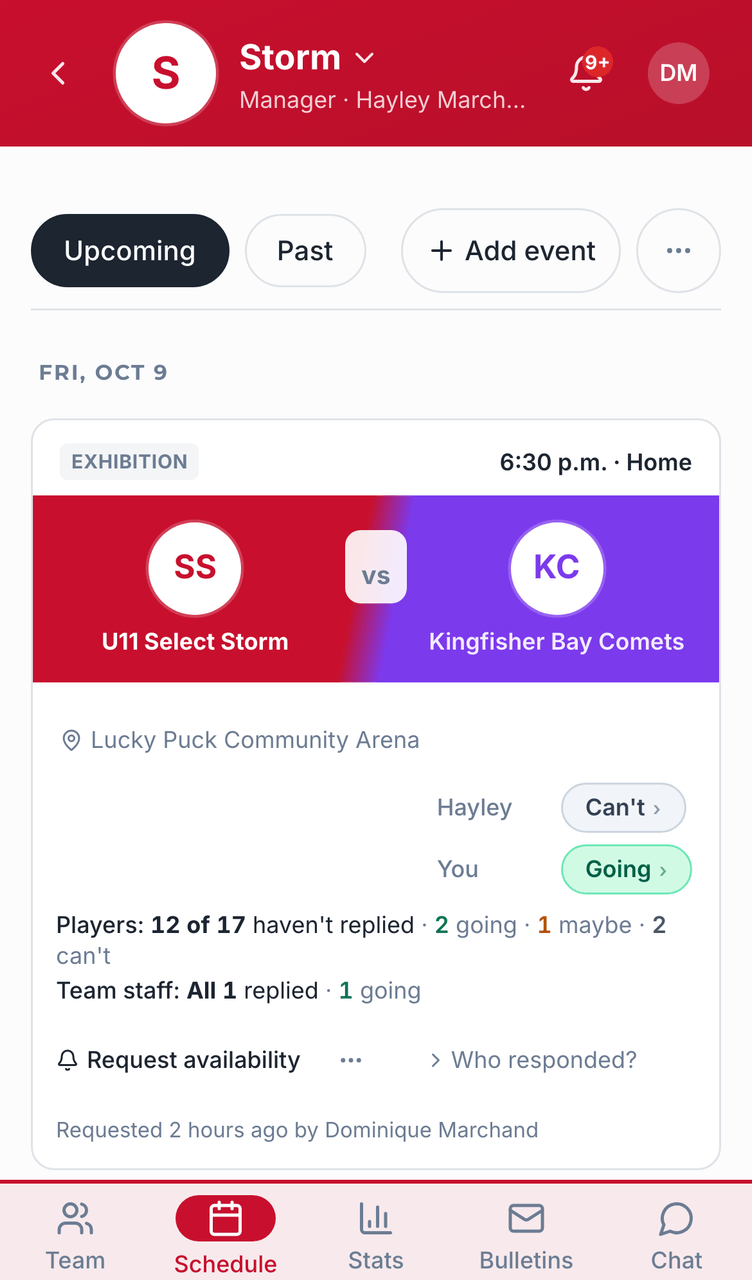 Team events screenshot