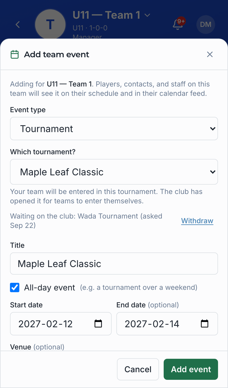 Putting a tournament on the calendar screenshot